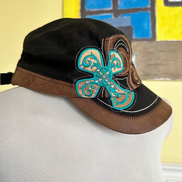 KB ETHOS Vintage Black Hat y2K Cap Brown Turquoise studded Applique - Picture 2 of 5
